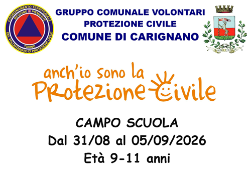 Il Gruppo Comunale Volontari di Protezione Civile di Carignano organizza il Campo Scuola â€œAnchio sono la Protezione Civileâ€