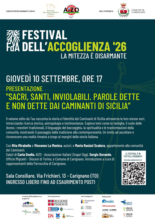 Giovedì 10 settembre alle ore 17, nella Sala Consiliare di Carignano, la presentazione del volume â€œSacri, Santi, Inviolabili. Parole dette e non dette dai Caminanti di Siciliaâ€