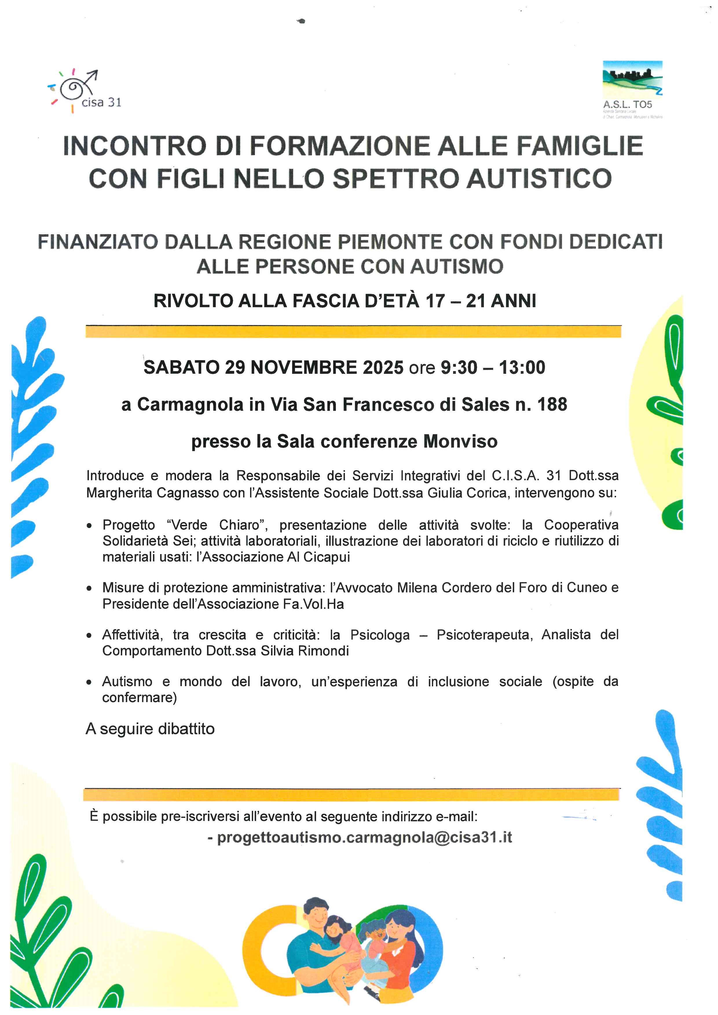 Incontro di formazione alle famiglie con figli nello spettro autistico